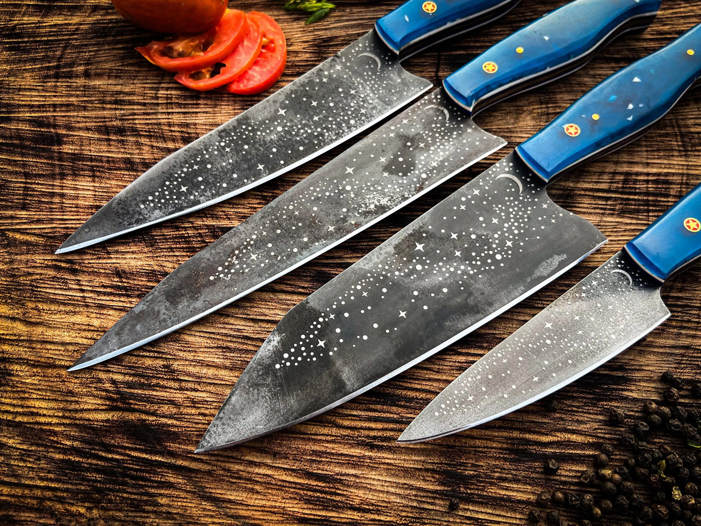 Galaxy Etched Chef Knife Set – 5-Piece Culinary Set with Star Pattern Blades & Blue Resin Handles