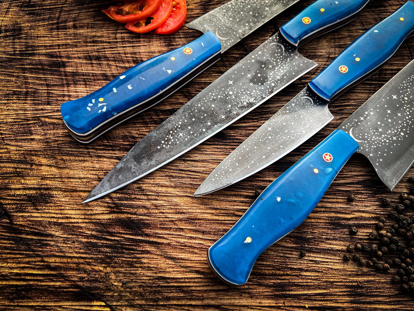 Galaxy Etched Chef Knife Set – 5-Piece Culinary Set with Star Pattern Blades & Blue Resin Handles