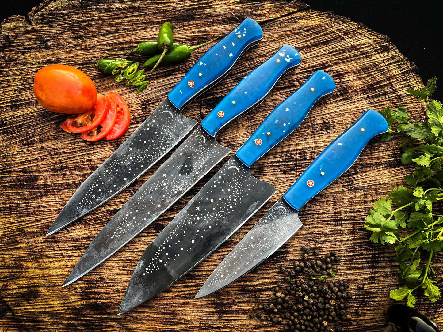 Galaxy Etched Chef Knife Set – 5-Piece Culinary Set with Star Pattern Blades & Blue Resin Handles