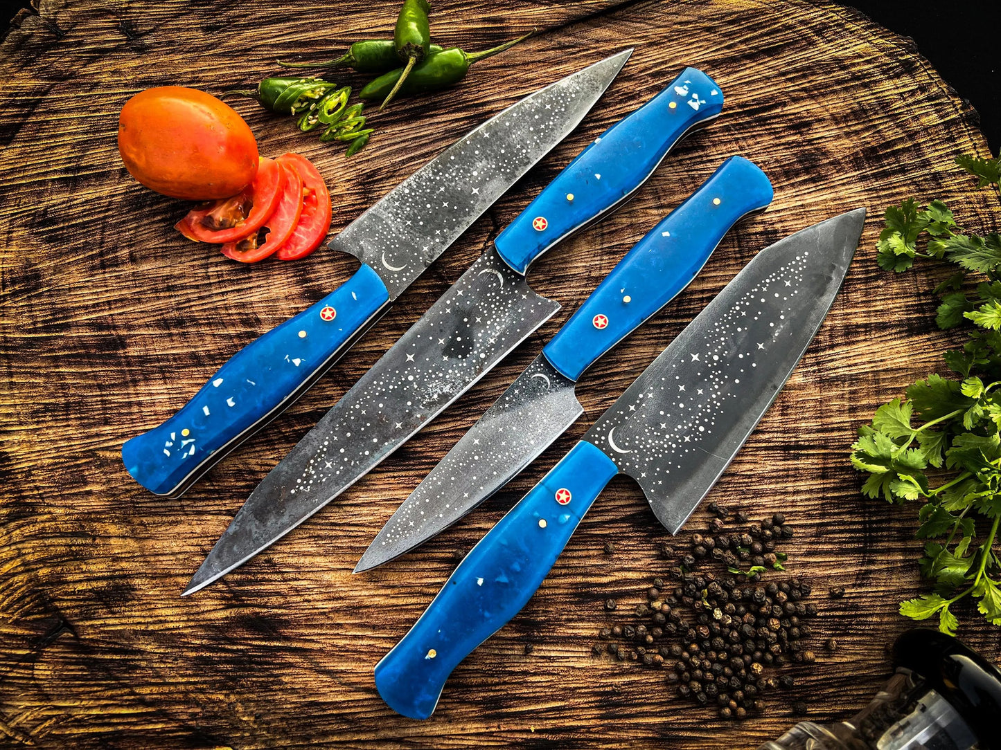 Galaxy Etched Chef Knife Set – 5-Piece Culinary Set with Star Pattern Blades & Blue Resin Handles