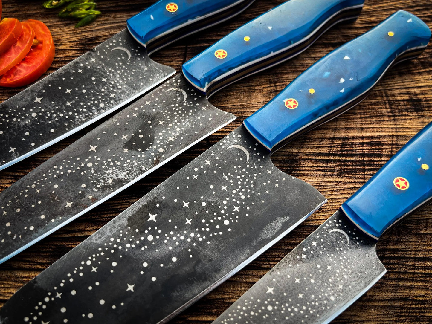 Galaxy Etched Chef Knife Set – 5-Piece Culinary Set with Star Pattern Blades & Blue Resin Handles