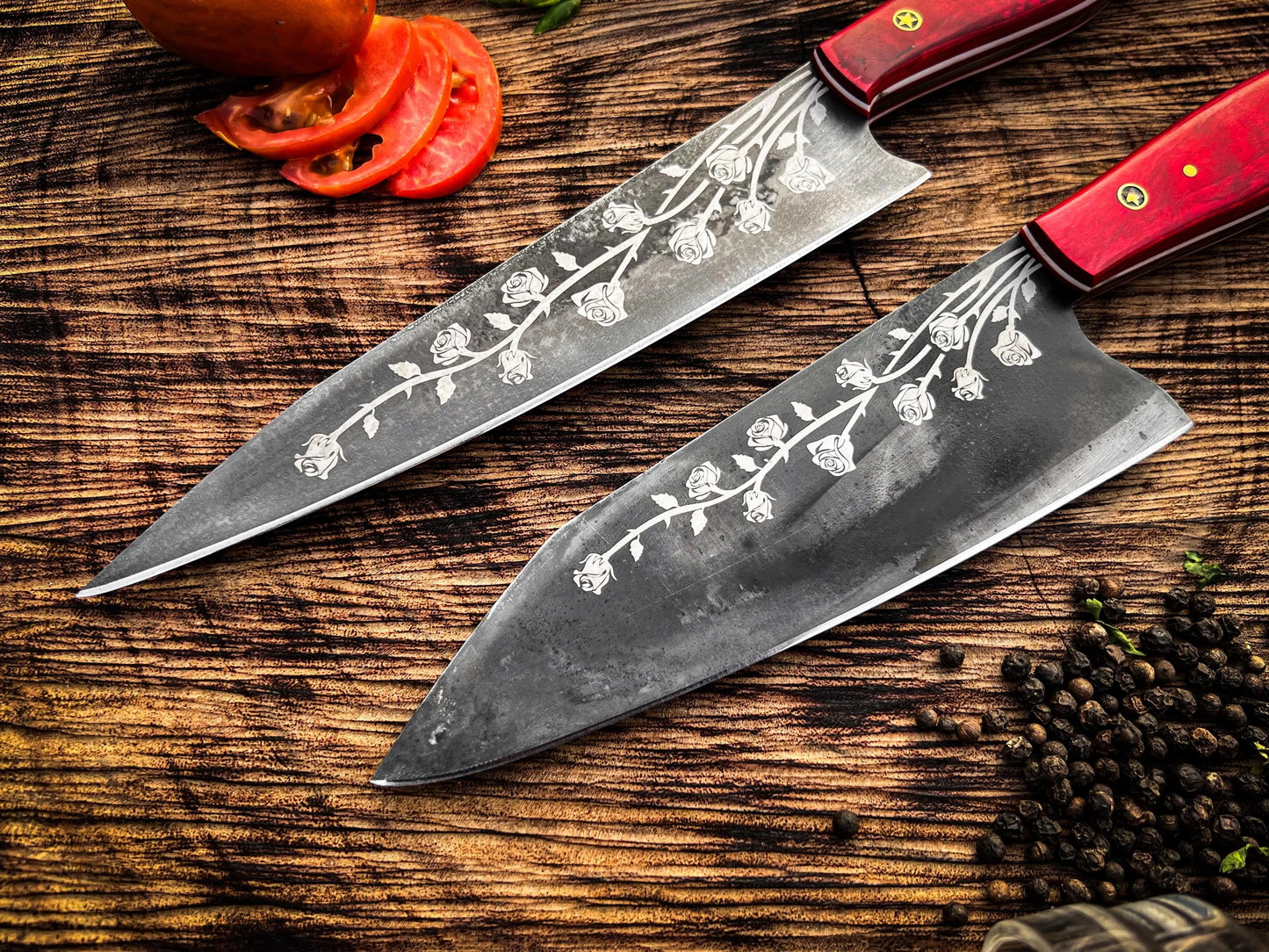 Rose-Etched Chef Knife Set – 2-Piece Floral Blade Design with Red Resin Handles