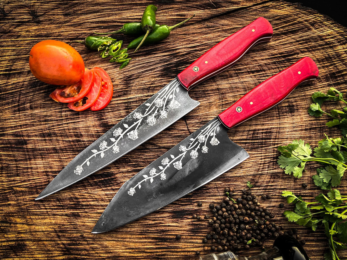 Rose-Etched Chef Knife Set – 2-Piece Floral Blade Design with Red Resin Handles