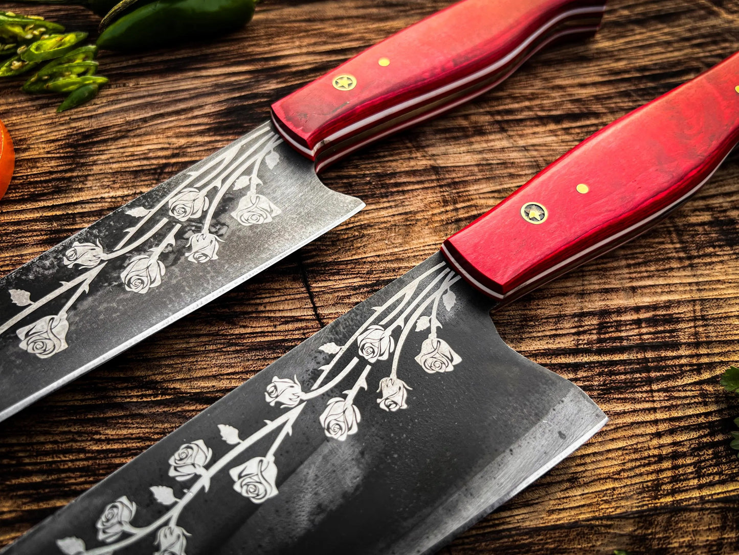 Rose-Etched Chef Knife Set – 2-Piece Floral Blade Design with Red Resin Handles