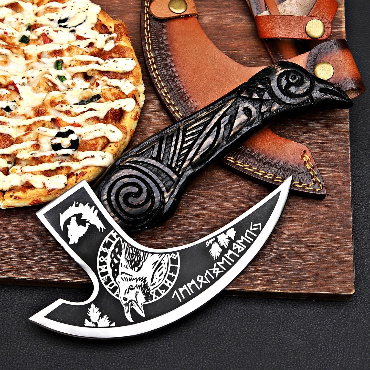 Viking Pizza Cutter – Norse-Inspired Axe Design with Wooden Handle | Hand-Forged Kitchen Tool