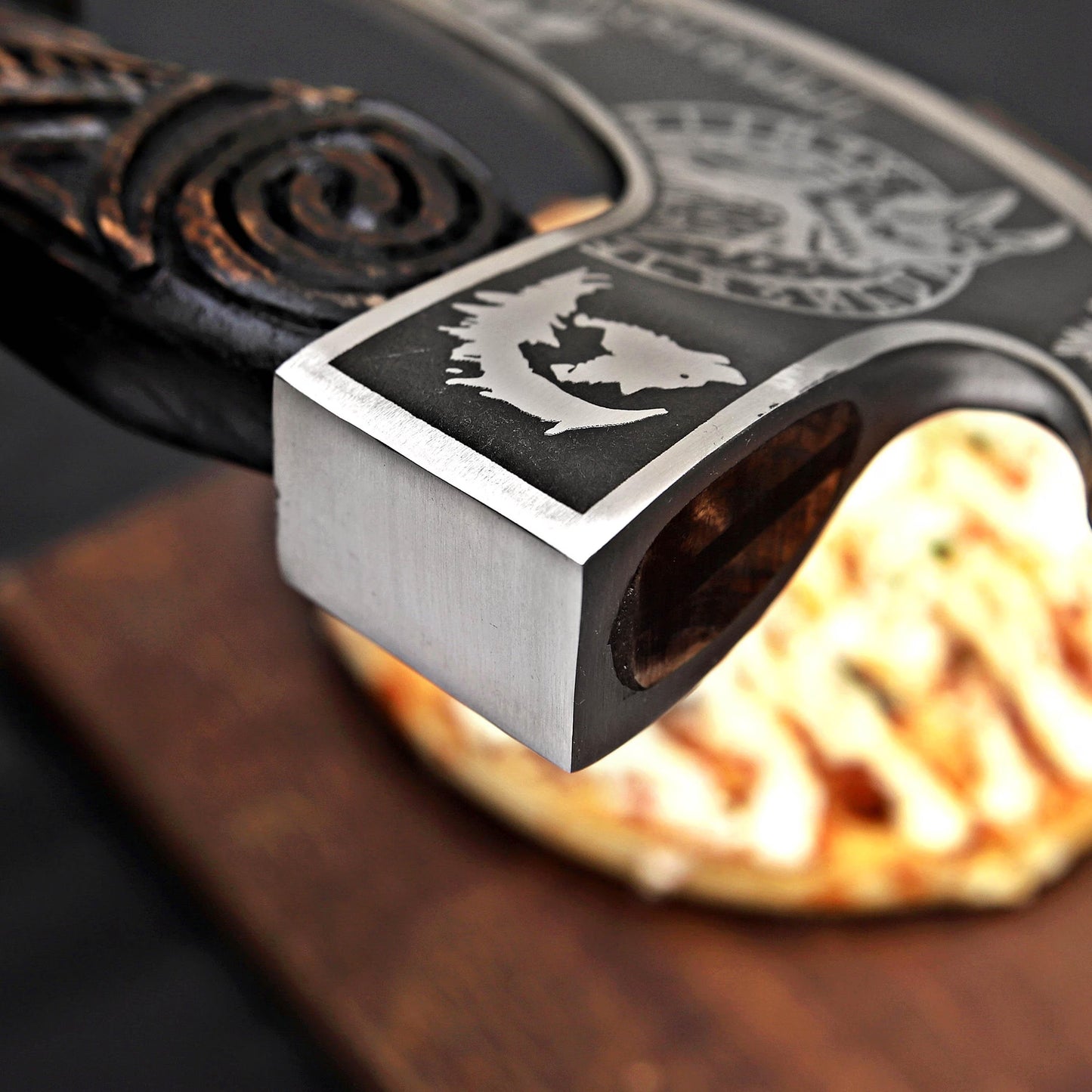 Viking Pizza Cutter – Norse-Inspired Axe Design with Wooden Handle | Hand-Forged Kitchen Tool