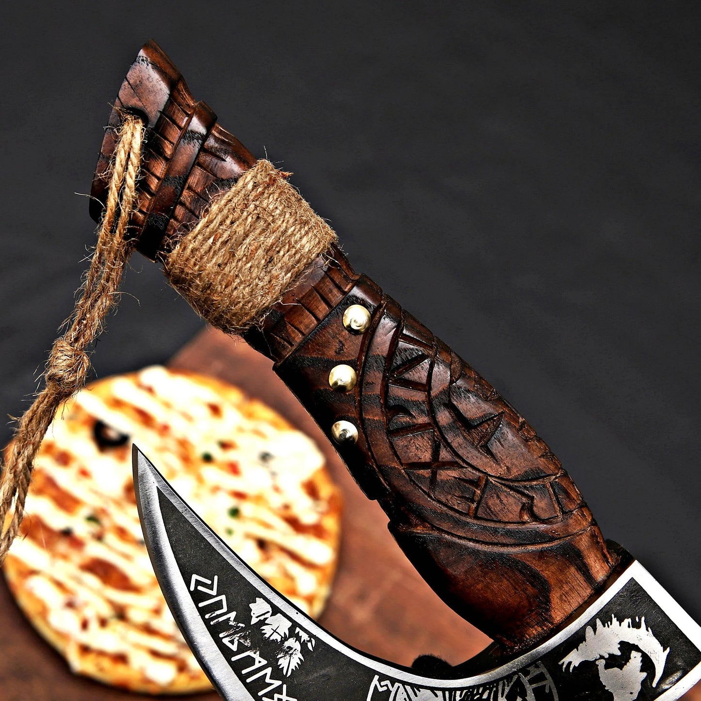 Hand-Forged Viking Pizza Cutter – Rustic Norse-Inspired Blade with Wooden Handle