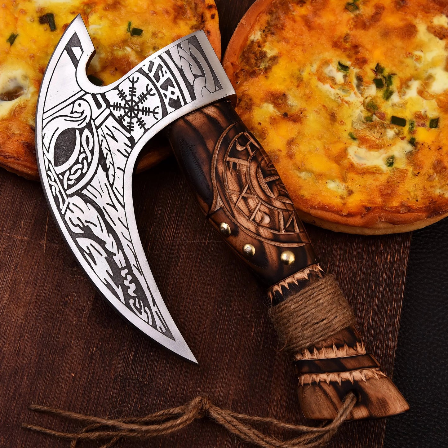 Hand-Forged Viking Pizza Cutter – Battle Axe Style with Wooden Handle | Norse-Inspired Kitchen Tool