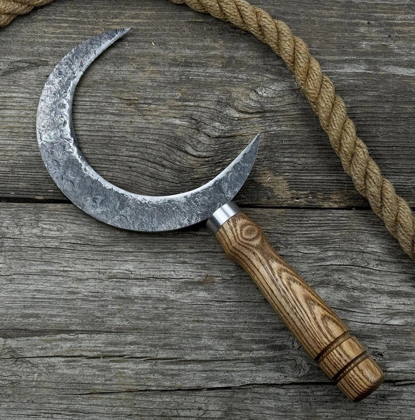 Hand-Forged Medieval Sickle – Curved Carbon Steel Blade with Carved Wood Handle