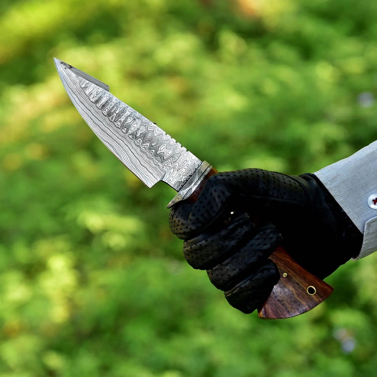 Damascus Bobcat Knife – 10" Fixed Blade with Walnut Handle & Leather Sheath