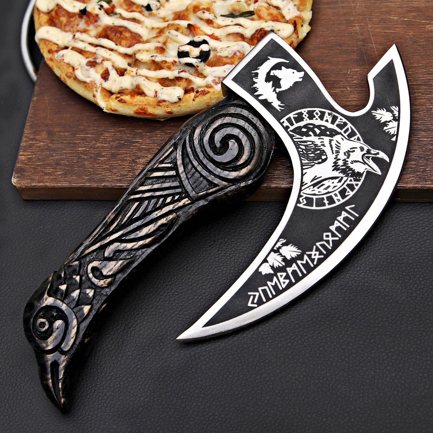 Viking Pizza Cutter – Norse-Inspired Axe Design with Wooden Handle | Hand-Forged Kitchen Tool