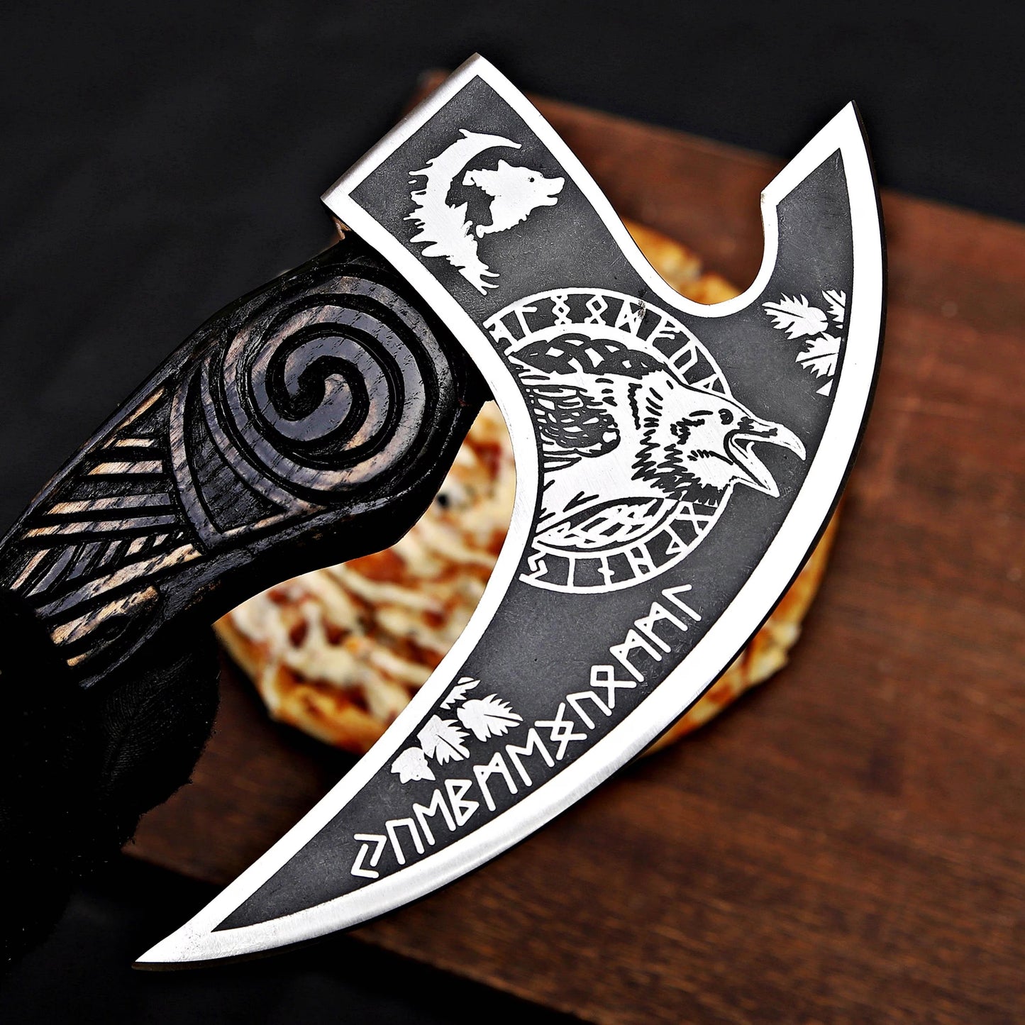 Viking Pizza Cutter – Norse-Inspired Axe Design with Wooden Handle | Hand-Forged Kitchen Tool