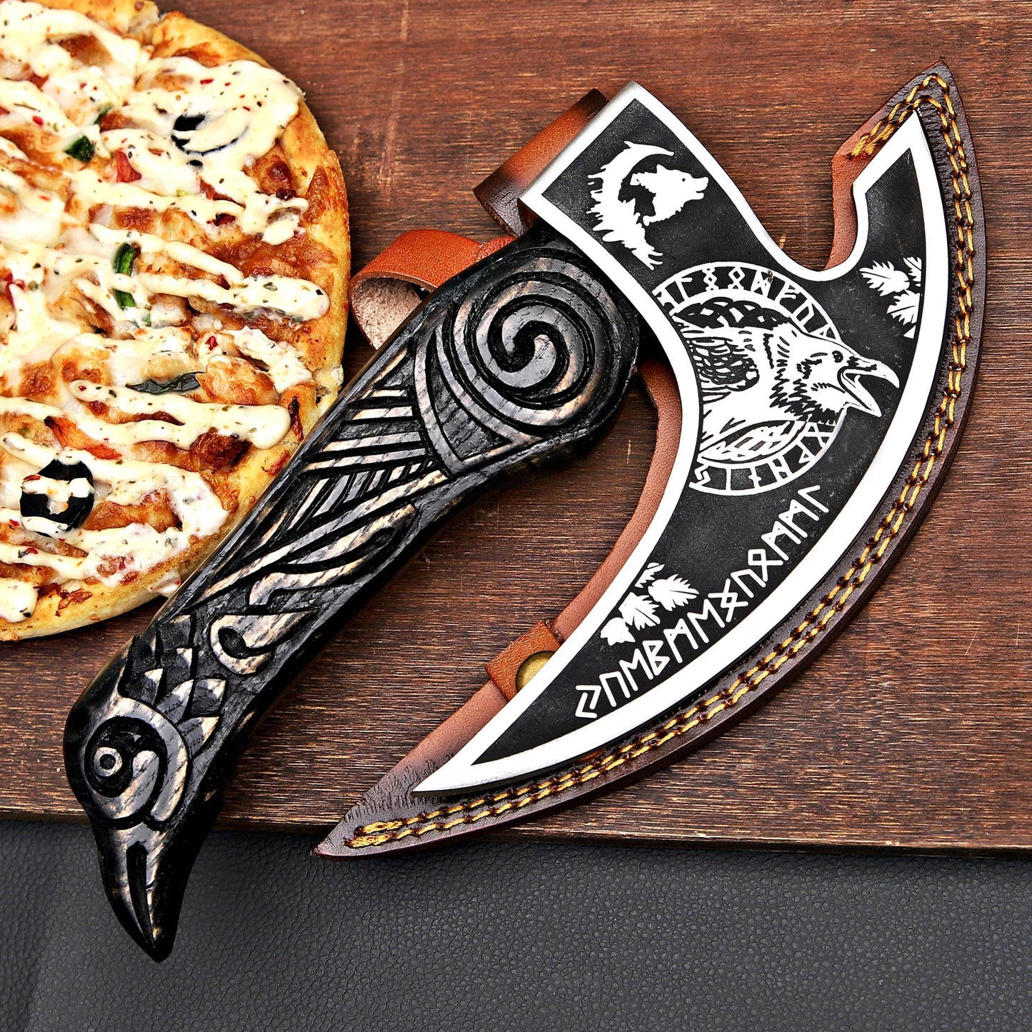 Viking Pizza Cutter – Norse-Inspired Axe Design with Wooden Handle | Hand-Forged Kitchen Tool