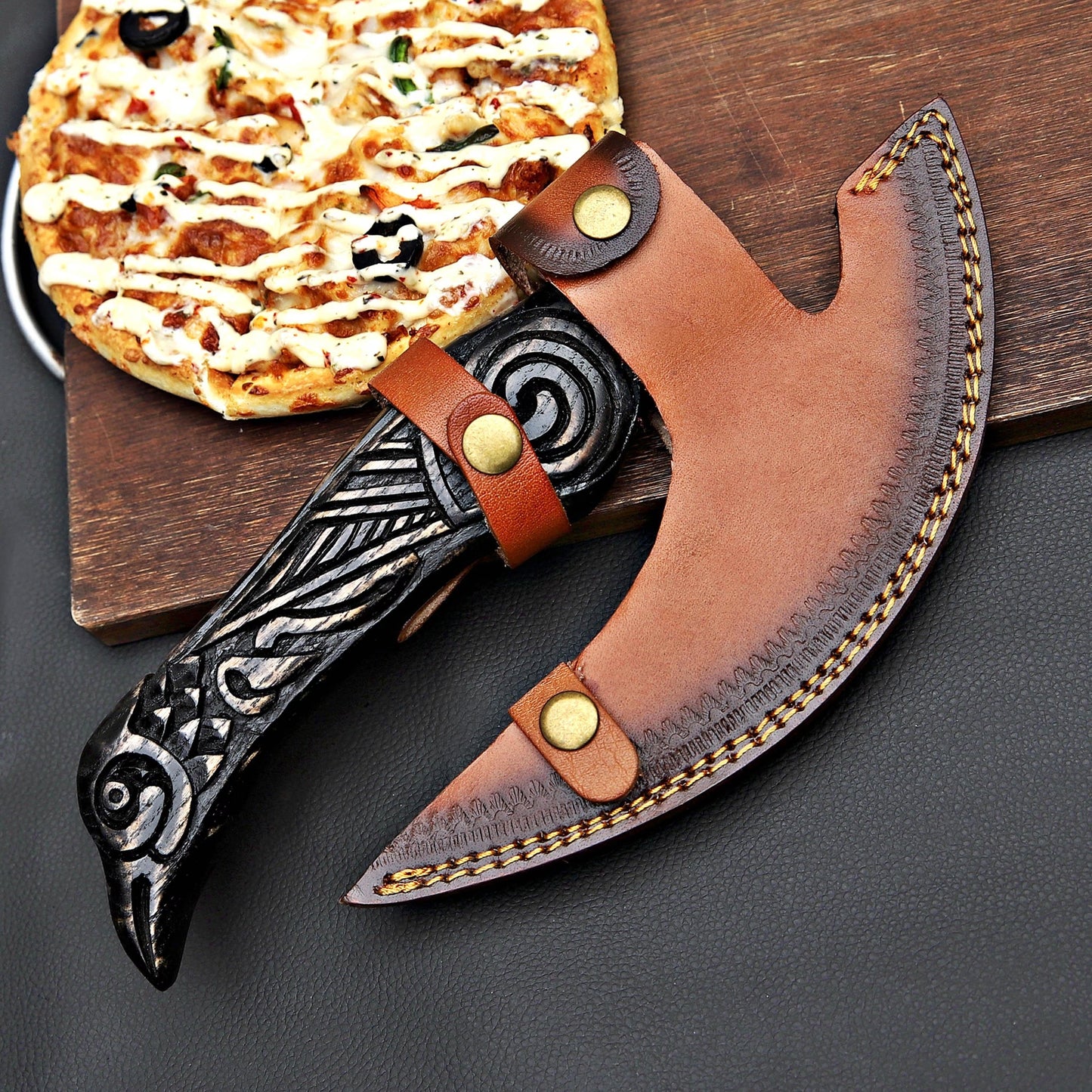 Viking Pizza Cutter – Norse-Inspired Axe Design with Wooden Handle | Hand-Forged Kitchen Tool