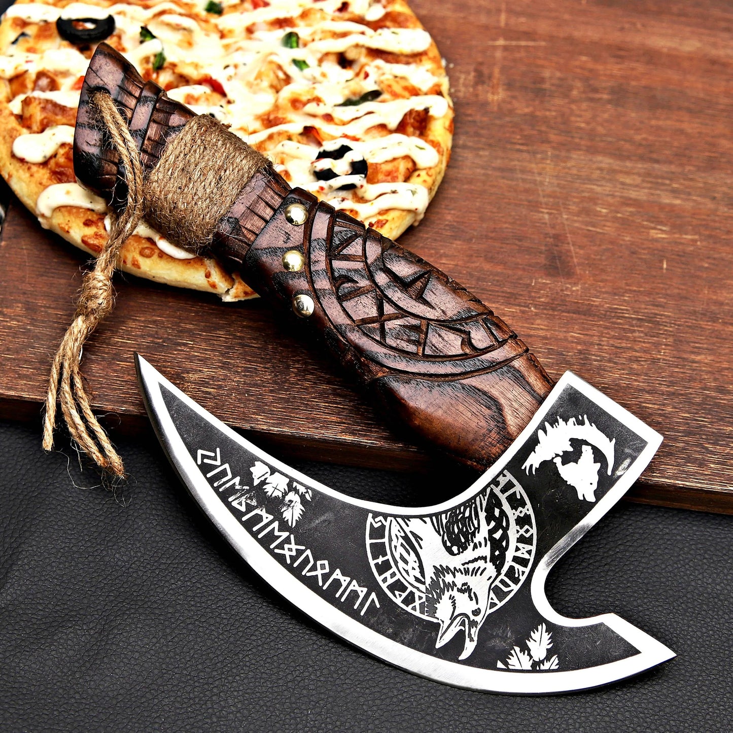 Hand-Forged Viking Pizza Cutter – Rustic Norse-Inspired Blade with Wooden Handle