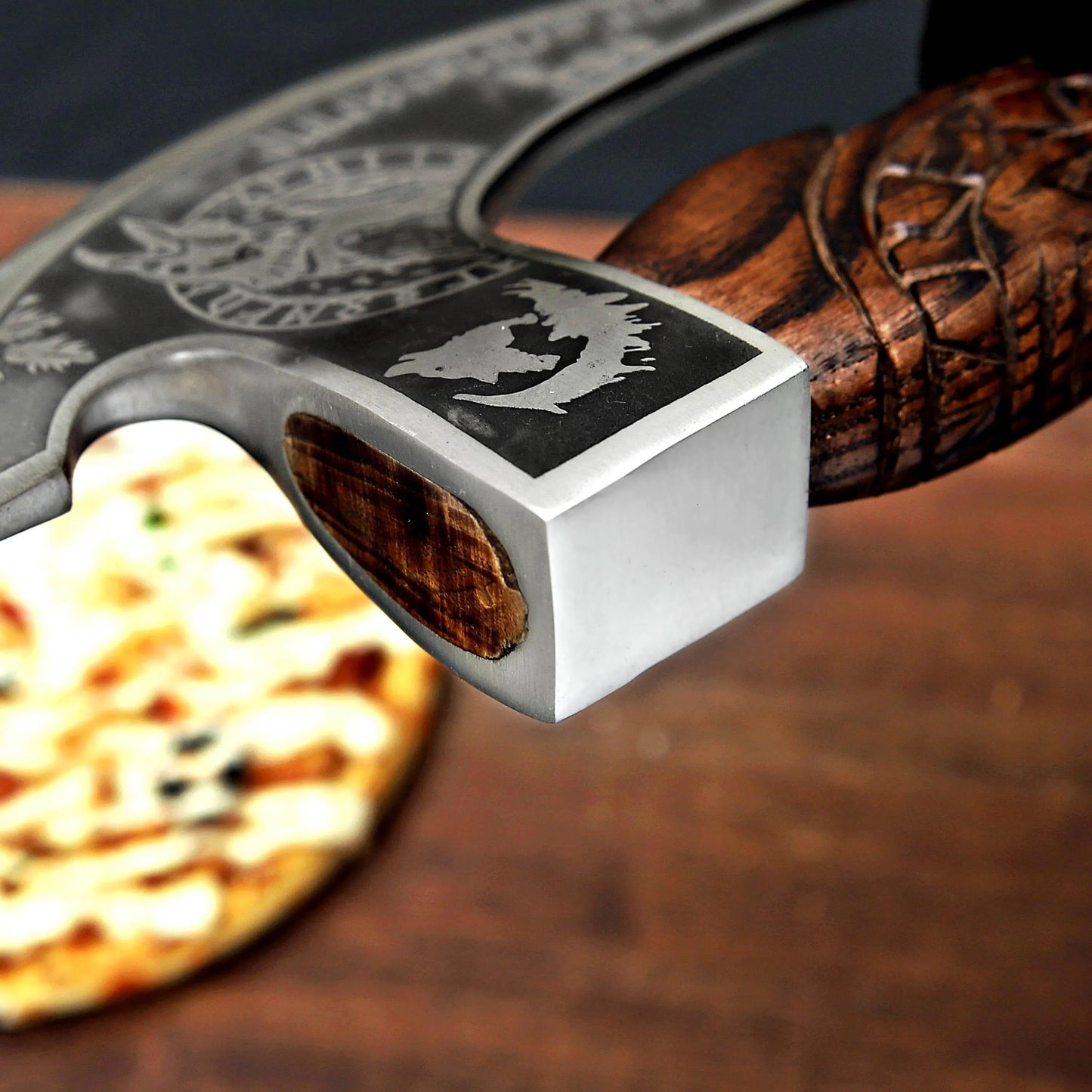 Hand-Forged Viking Pizza Cutter – Rustic Norse-Inspired Blade with Wooden Handle