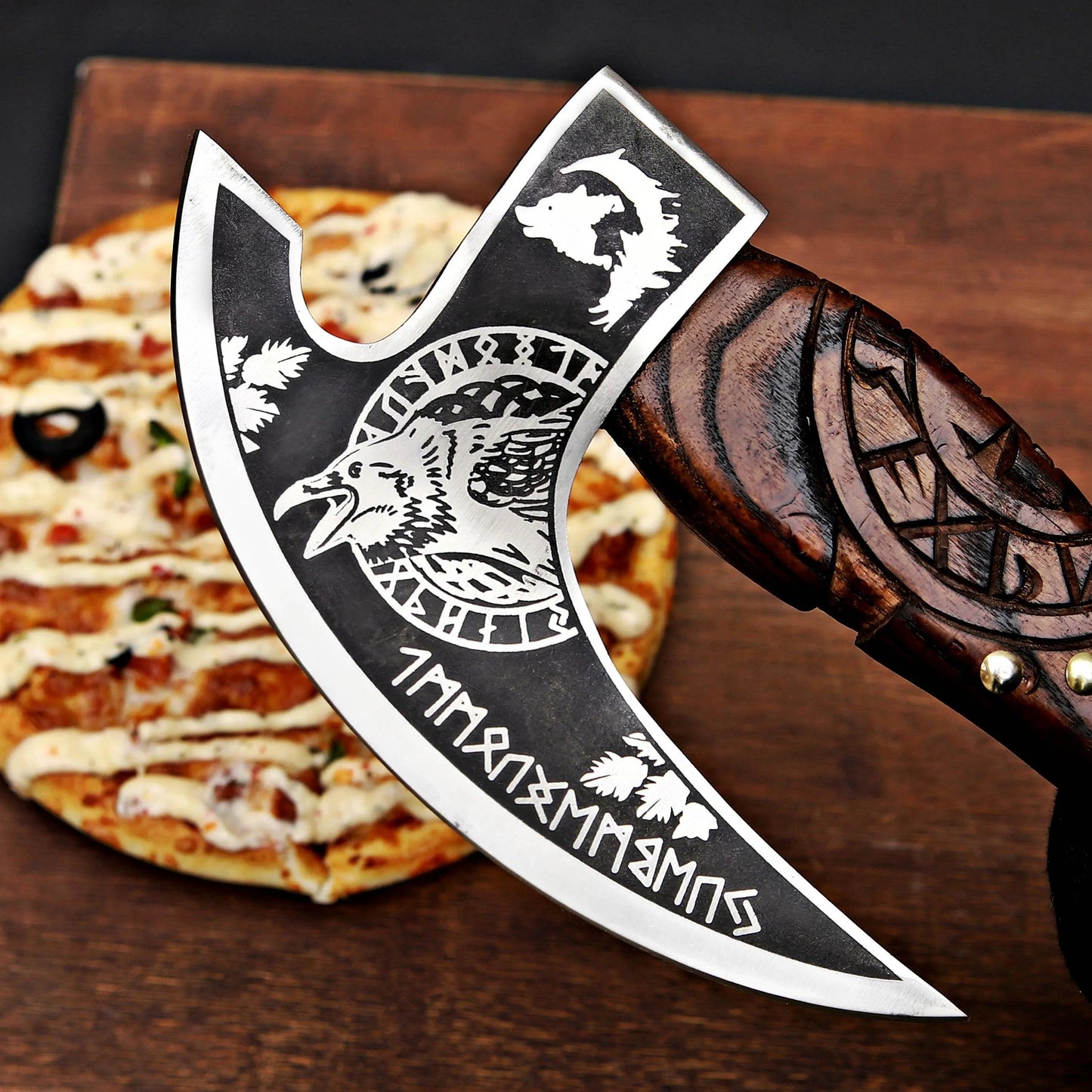 Hand-Forged Viking Pizza Cutter – Rustic Norse-Inspired Blade with Wooden Handle