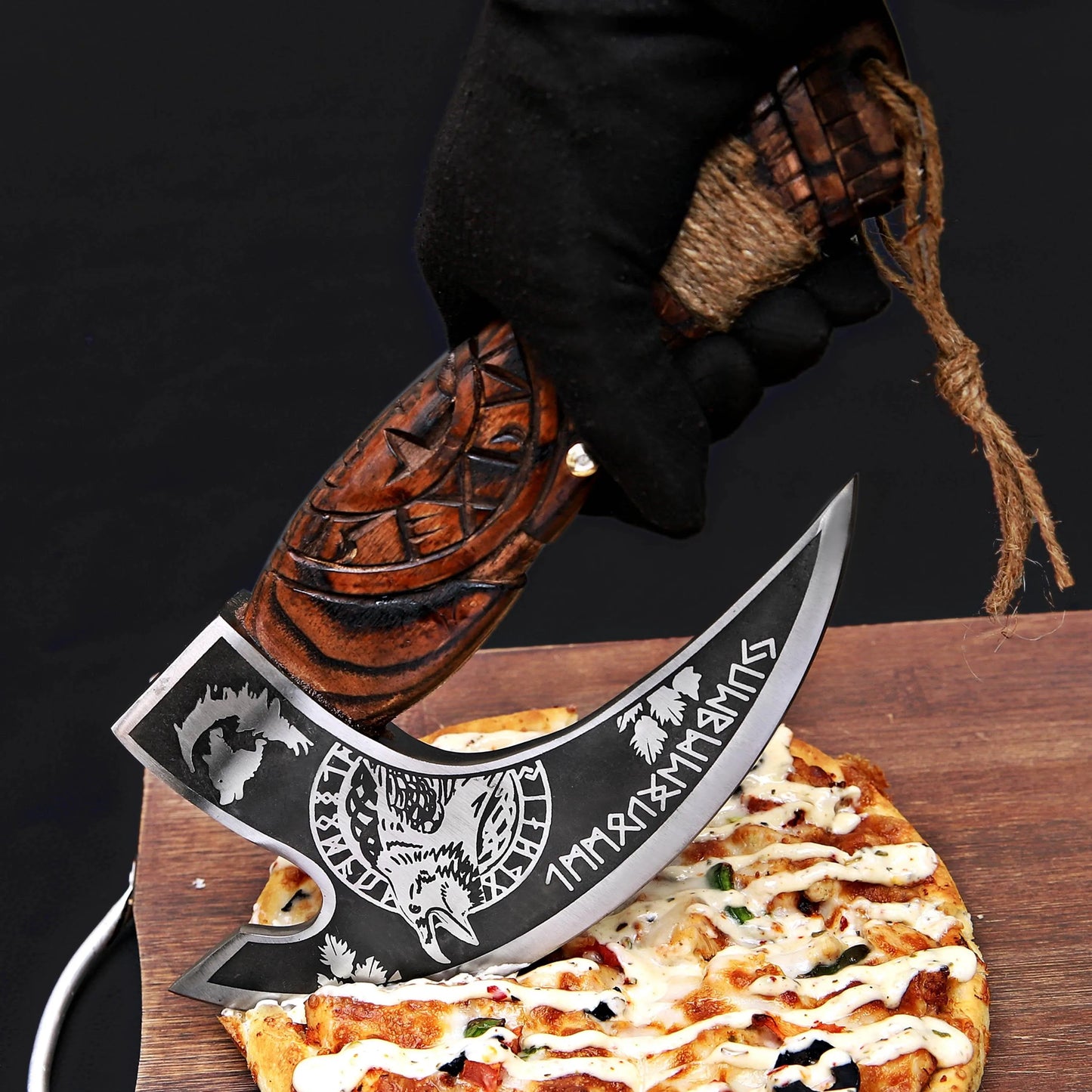 Hand-Forged Viking Pizza Cutter – Rustic Norse-Inspired Blade with Wooden Handle