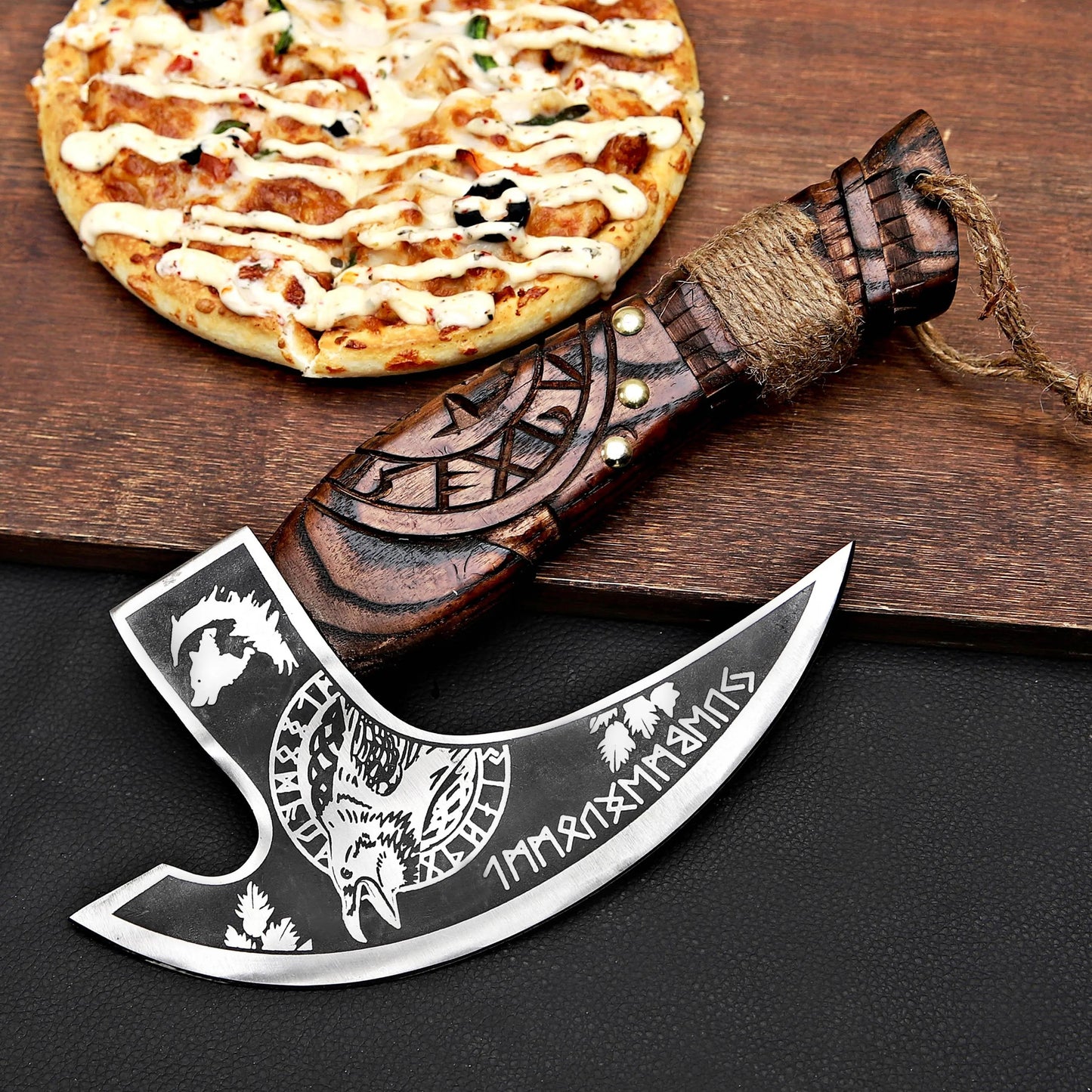 Hand-Forged Viking Pizza Cutter – Rustic Norse-Inspired Blade with Wooden Handle