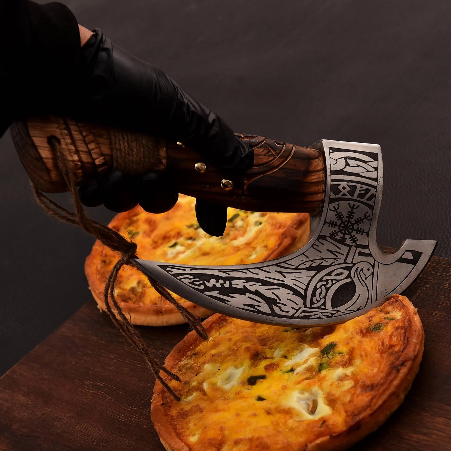 Hand-Forged Viking Pizza Cutter – Battle Axe Style with Wooden Handle | Norse-Inspired Kitchen Tool