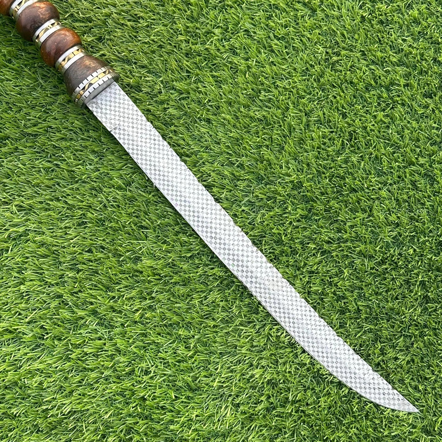 Ethnic Jungle Machete Knife – Textured Steel Blade with Stacked Wood Horn Handle & Leather Sheath