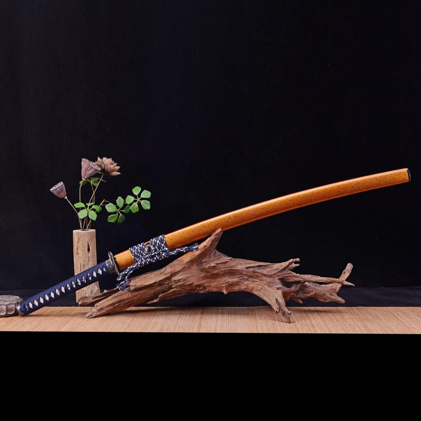 Hand-Forged Katana Sword – Golden Lacquered Scabbard, Arrow Motif Tsuba, & Blue Tsuka Ito Wrap