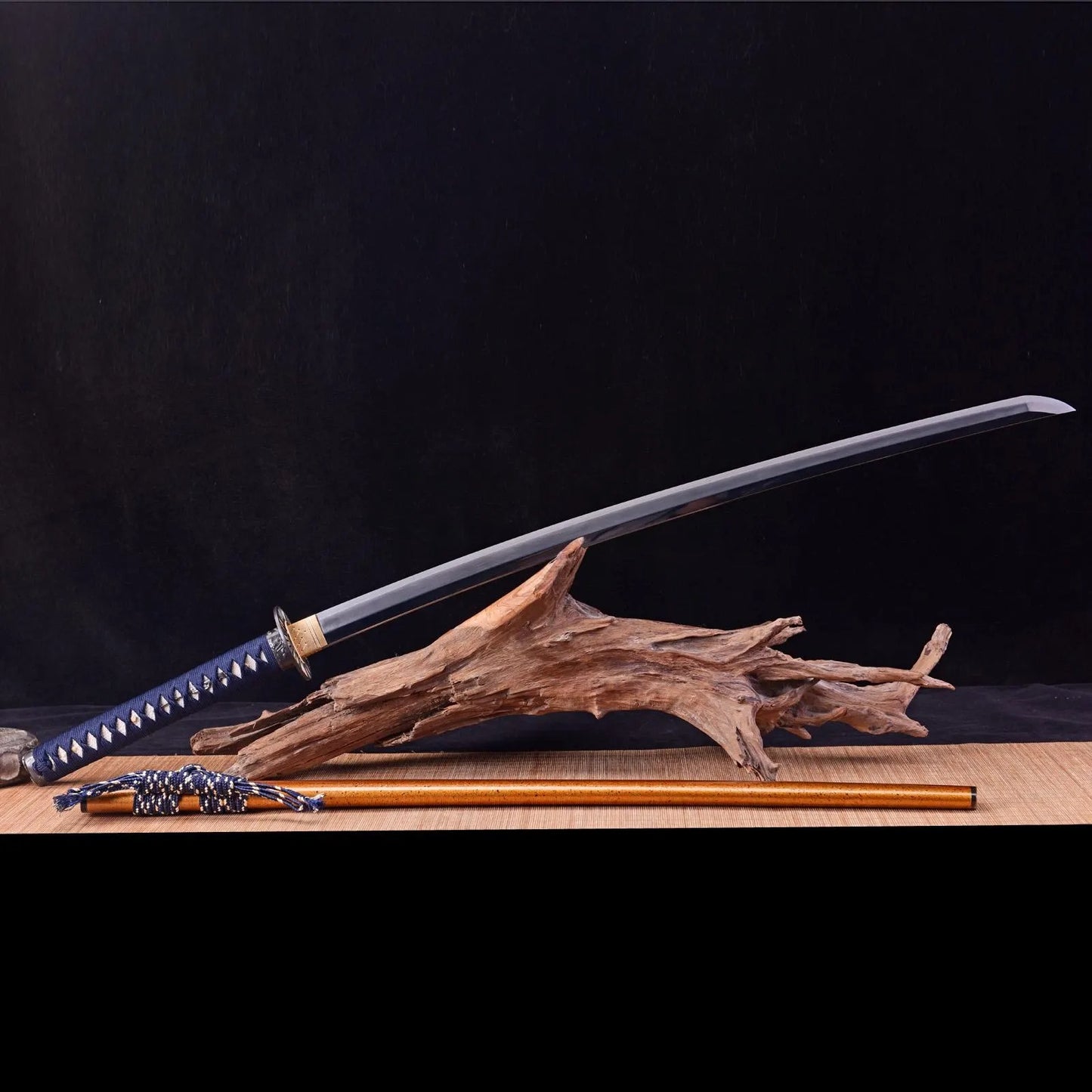 Hand-Forged Katana Sword – Golden Lacquered Scabbard, Arrow Motif Tsuba, & Blue Tsuka Ito Wrap