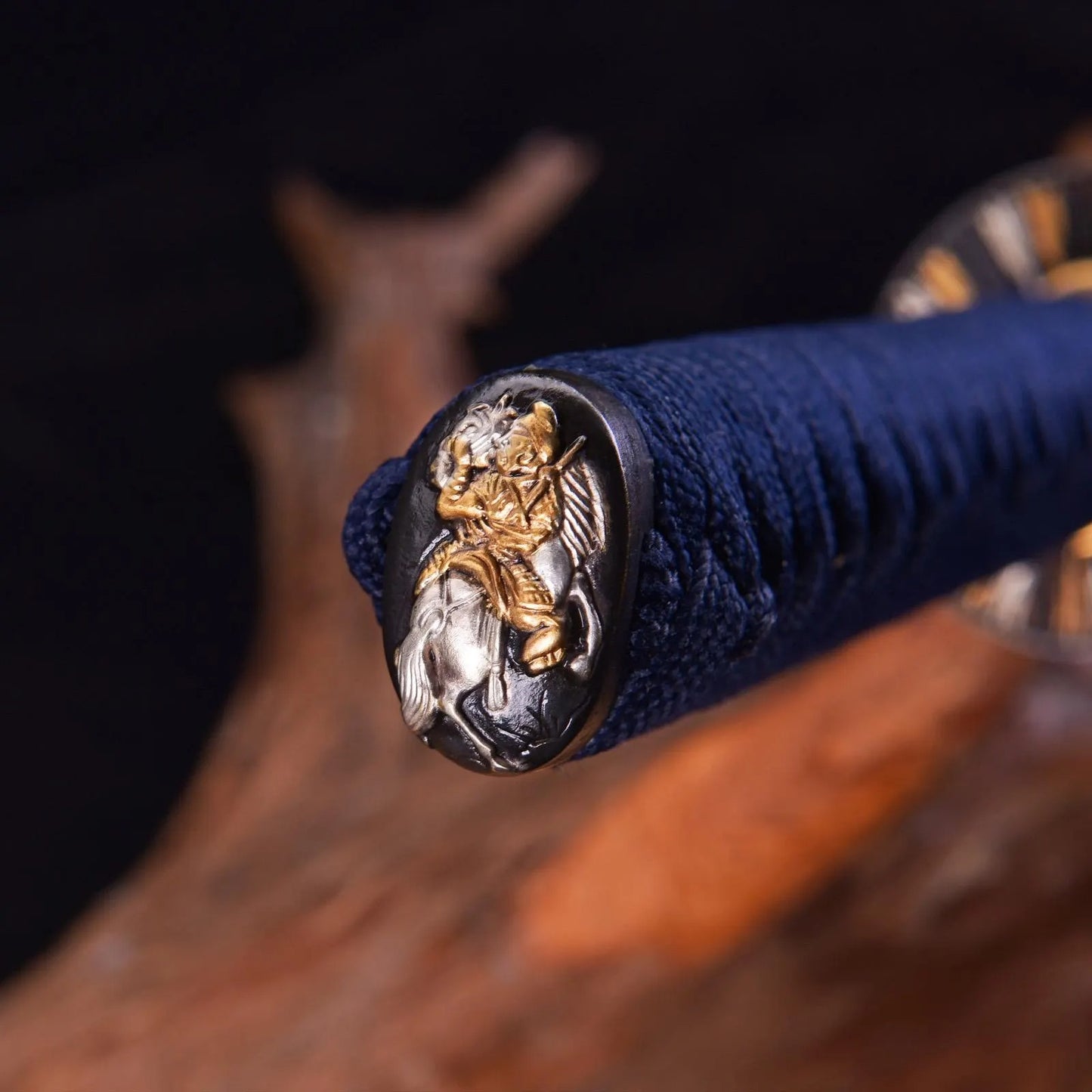 Hand-Forged Katana Sword – Golden Lacquered Scabbard, Arrow Motif Tsuba, & Blue Tsuka Ito Wrap