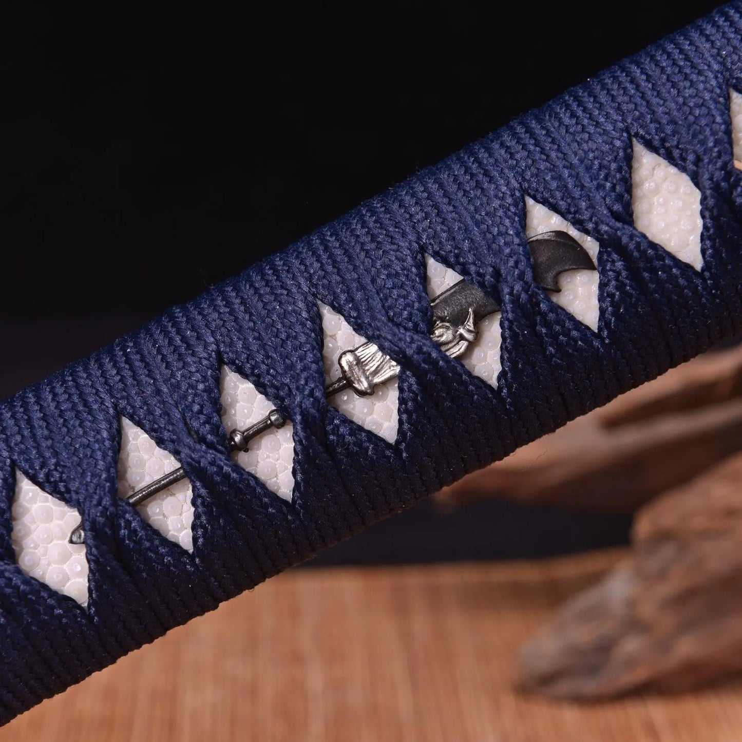 Hand-Forged Katana Sword – Golden Lacquered Scabbard, Arrow Motif Tsuba, & Blue Tsuka Ito Wrap