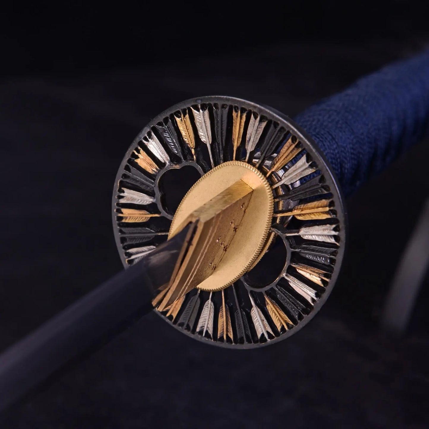 Hand-Forged Katana Sword – Golden Lacquered Scabbard, Arrow Motif Tsuba, & Blue Tsuka Ito Wrap