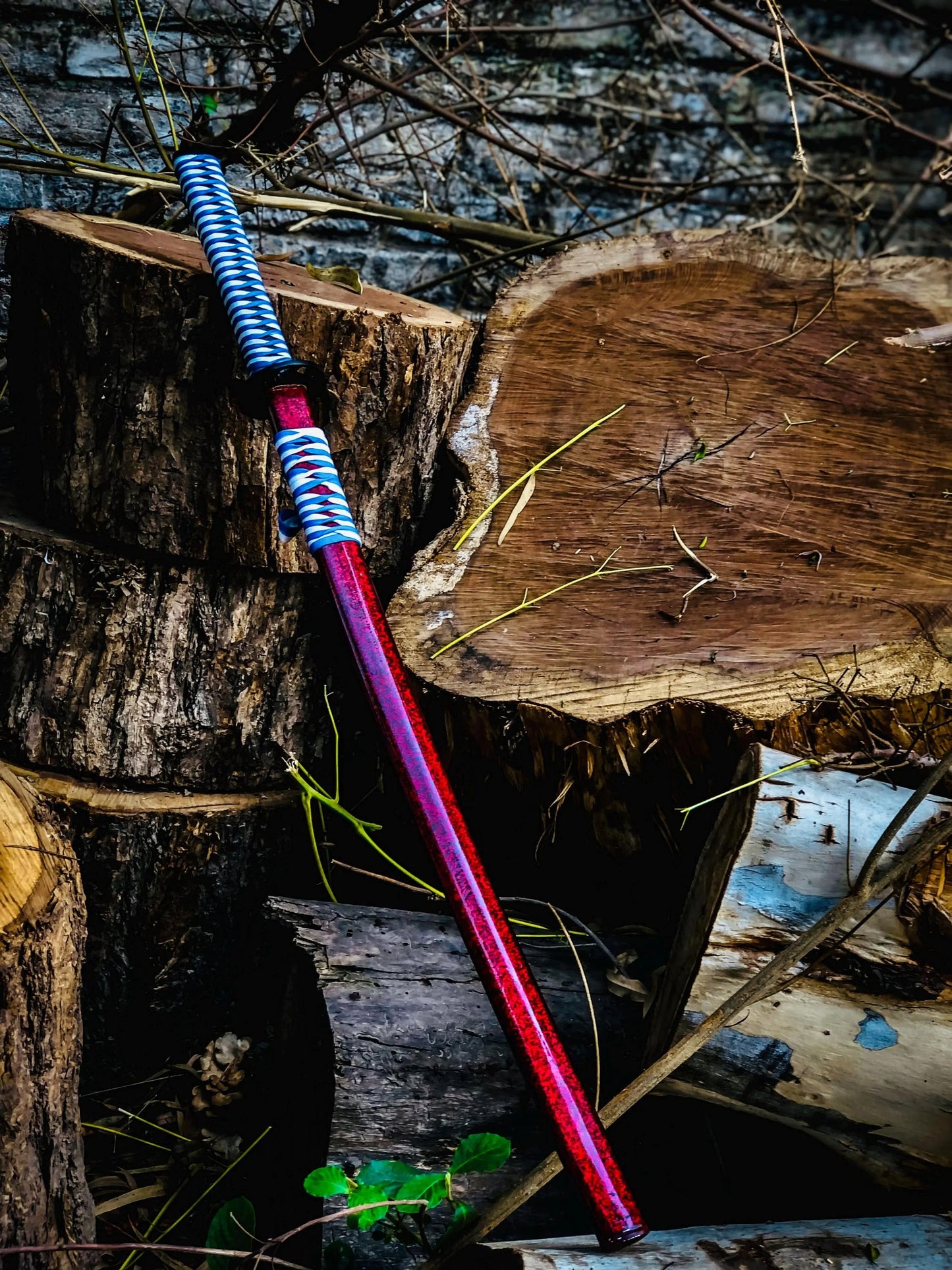 Damascus Steel Katana Sword – Red Lacquered Scabbard & Blue Cord-Wrapped Handle