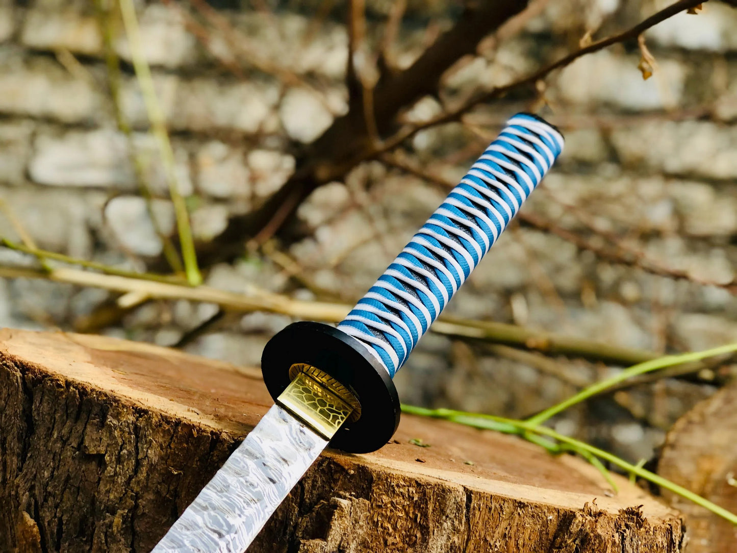 Damascus Steel Katana Sword – Red Lacquered Scabbard & Blue Cord-Wrapped Handle