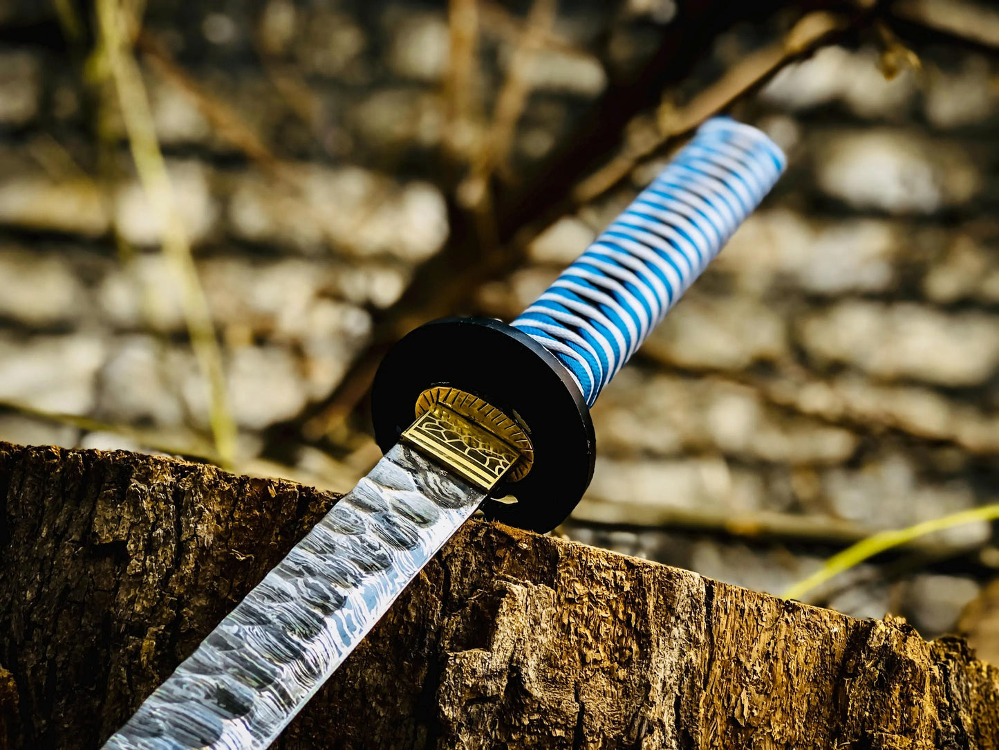 Damascus Steel Katana Sword – Red Lacquered Scabbard & Blue Cord-Wrapped Handle