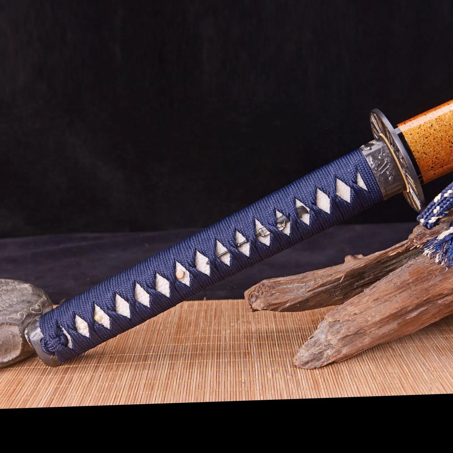 Hand-Forged Katana Sword – Golden Lacquered Scabbard, Arrow Motif Tsuba, & Blue Tsuka Ito Wrap
