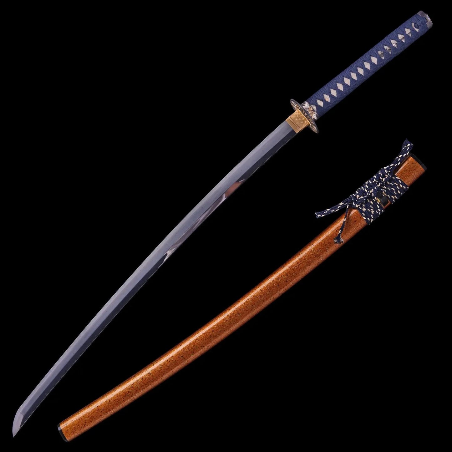 Hand-Forged Katana Sword – Golden Lacquered Scabbard, Arrow Motif Tsuba, & Blue Tsuka Ito Wrap