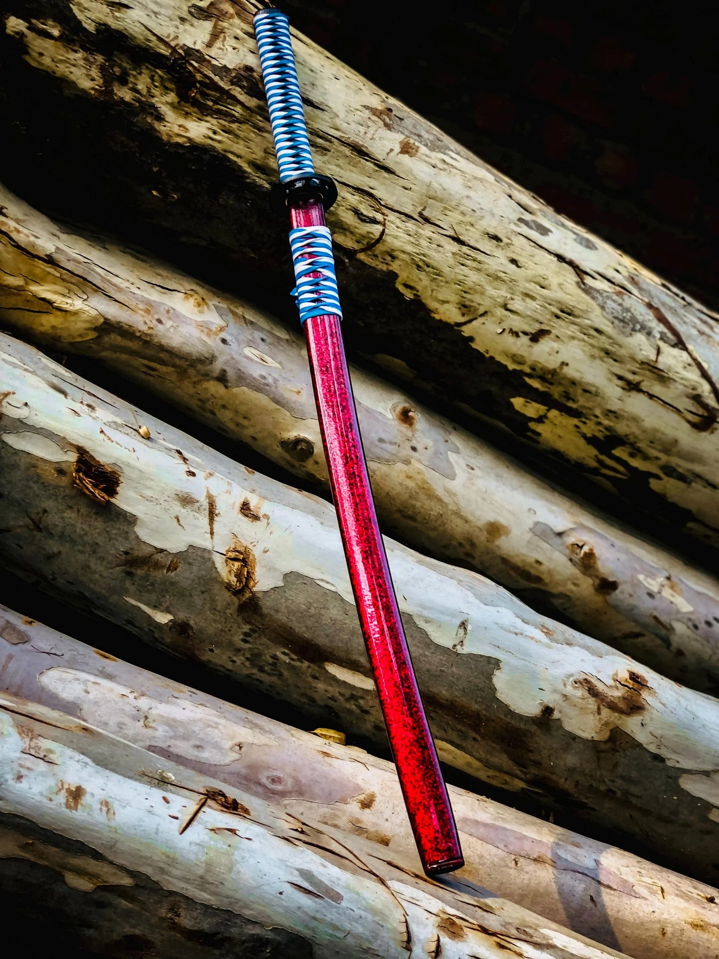 Damascus Steel Katana Sword – Red Lacquered Scabbard & Blue Cord-Wrapped Handle