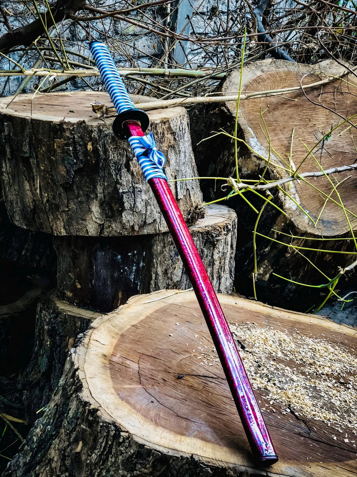 Damascus Steel Katana Sword – Red Lacquered Scabbard & Blue Cord-Wrapped Handle