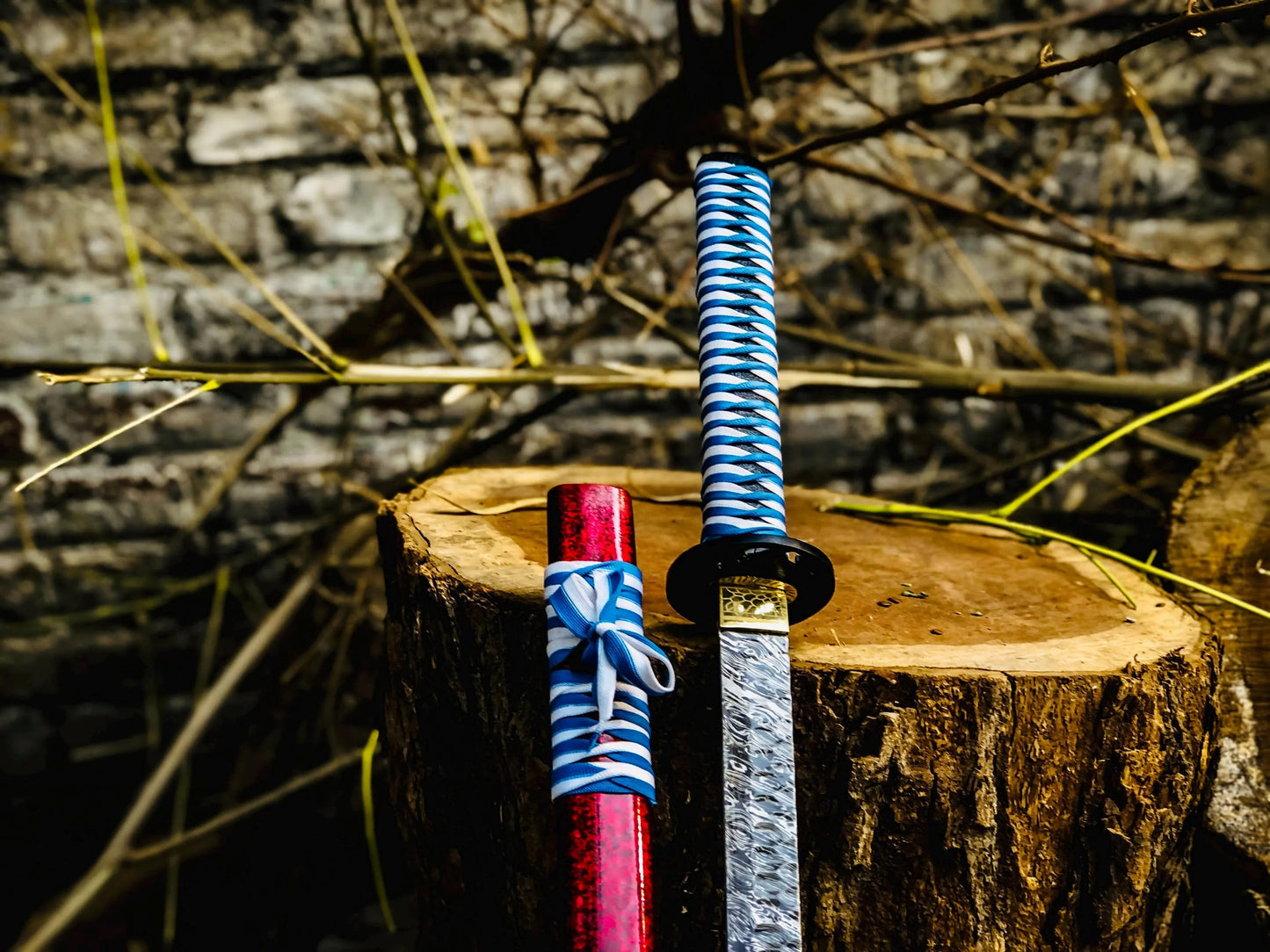 Damascus Steel Katana Sword – Red Lacquered Scabbard & Blue Cord-Wrapped Handle