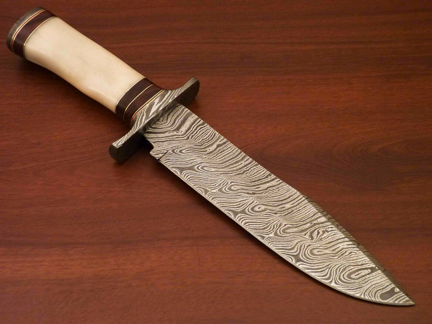 Handmade Damascus Steel Bowie Knife – Camel Bone Handle | Hunting & Collectors Blade