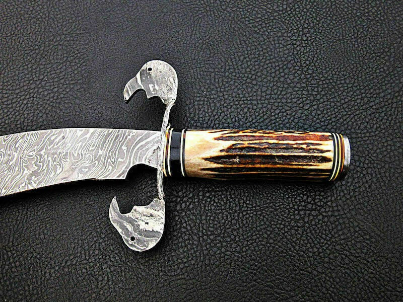 Hand-Forged Damascus Steel Bowie Knife – Stag Horn Handle & Damascus Guard | Premium Hunting Blade