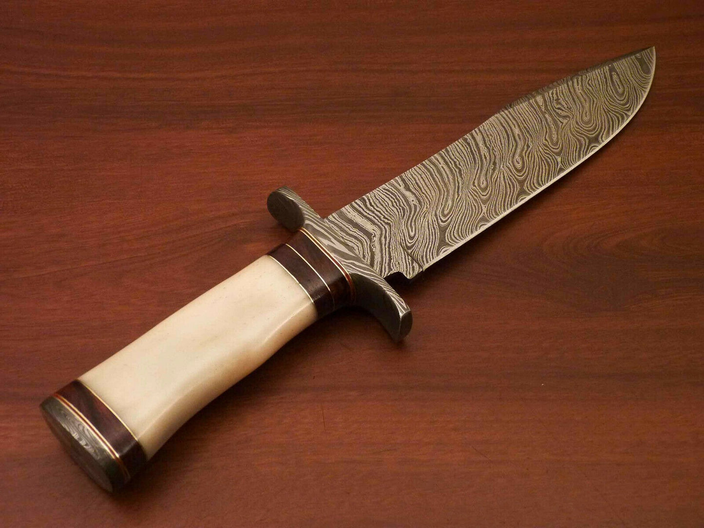 Handmade Damascus Steel Bowie Knife – Camel Bone Handle | Hunting & Collectors Blade