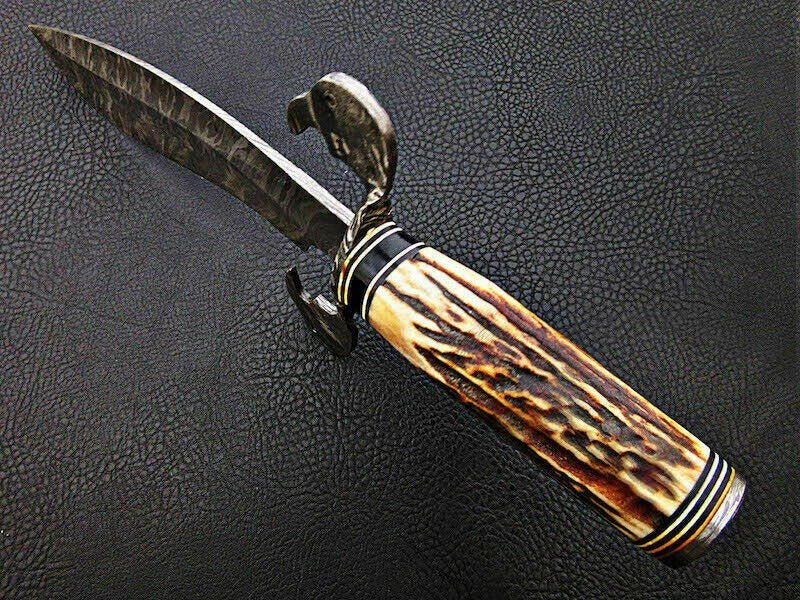 Hand-Forged Damascus Steel Bowie Knife – Stag Horn Handle & Damascus Guard | Premium Hunting Blade