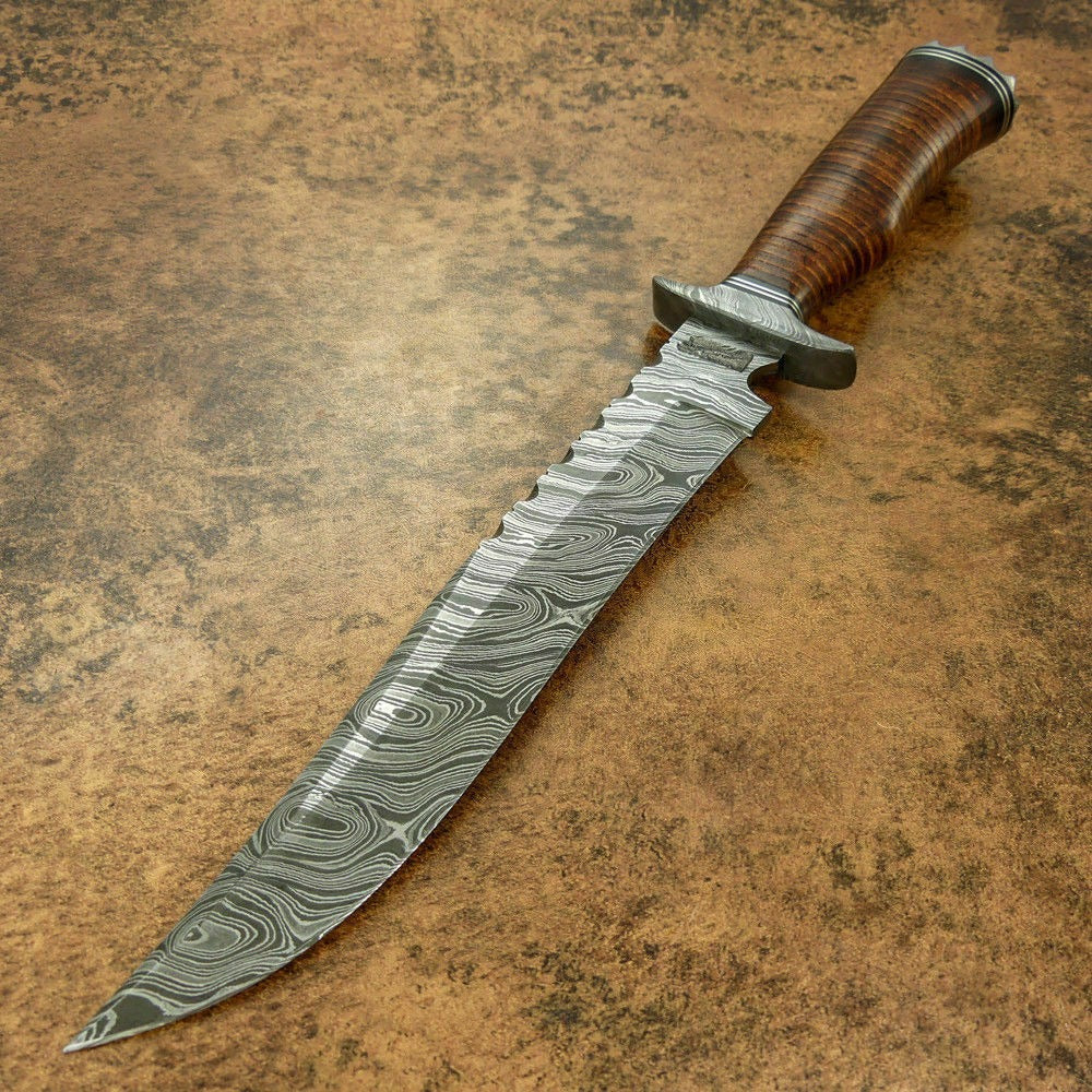 Hand-Forged Damascus Steel Bowie Knife – Leather Handle | Classic Hunting Blade
