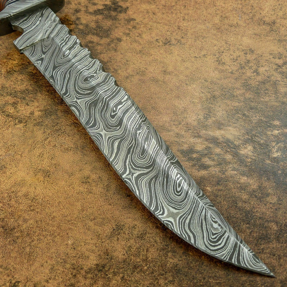 Hand-Forged Damascus Steel Bowie Knife – Leather Handle | Classic Hunting Blade