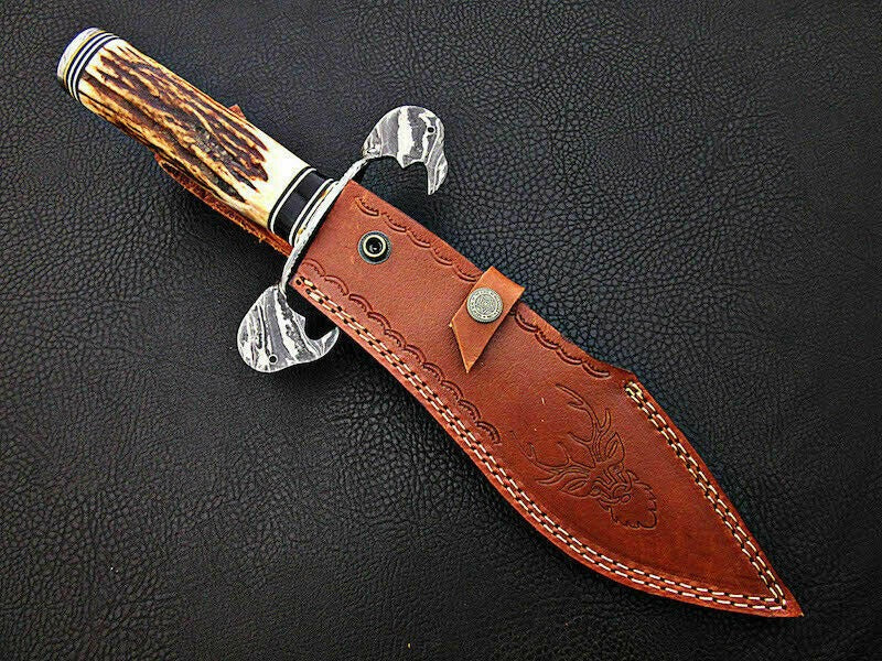 Hand-Forged Damascus Steel Bowie Knife – Stag Horn Handle & Damascus Guard | Premium Hunting Blade