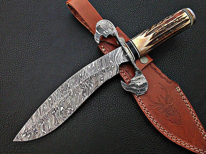Hand-Forged Damascus Steel Bowie Knife – Stag Horn Handle & Damascus Guard | Premium Hunting Blade