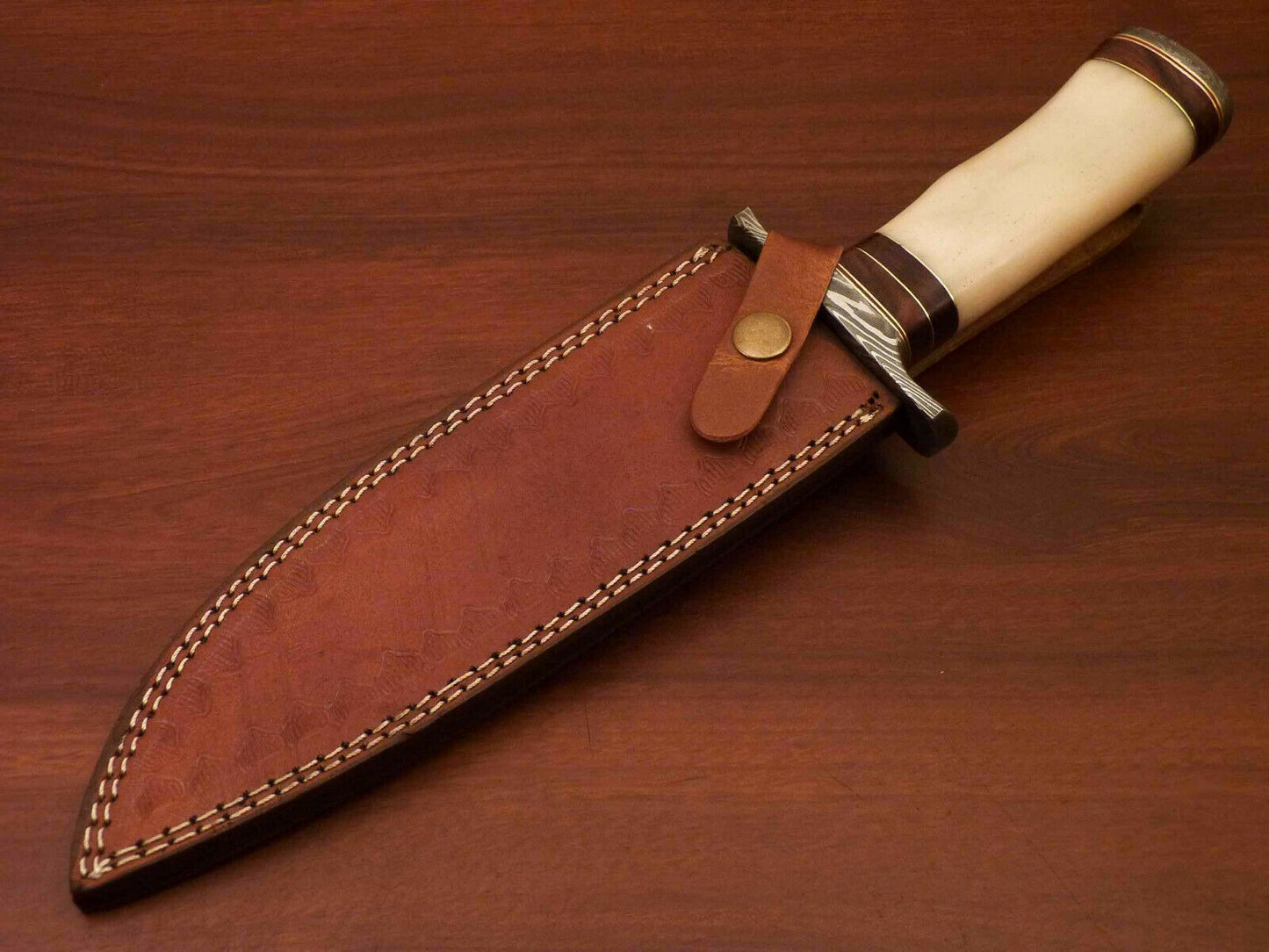 Handmade Damascus Steel Bowie Knife – Camel Bone Handle | Hunting & Collectors Blade