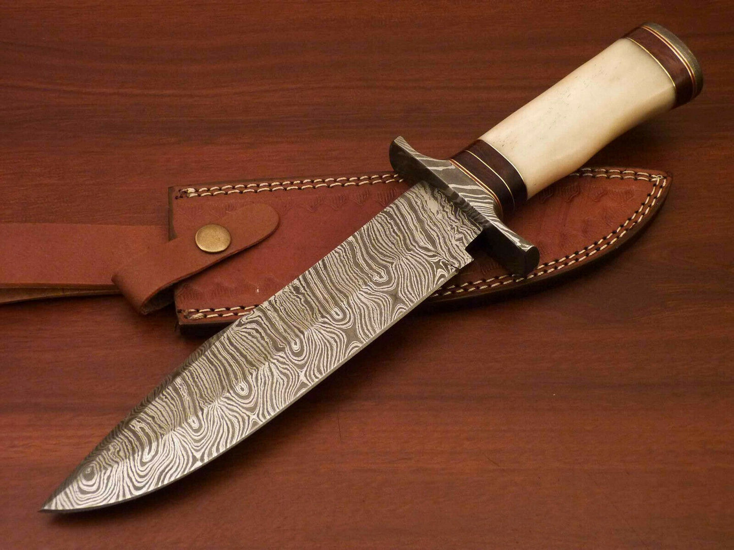 Handmade Damascus Steel Bowie Knife – Camel Bone Handle | Hunting & Collectors Blade