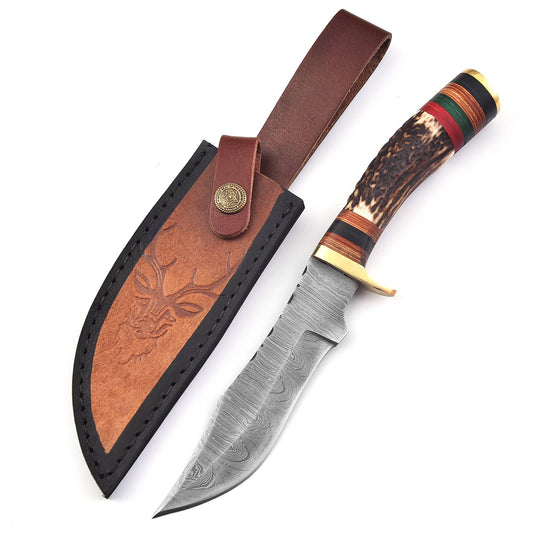 Damascus Steel Bowie Knife – Stag Antler Handle with Brass Guard & Leather Sheath