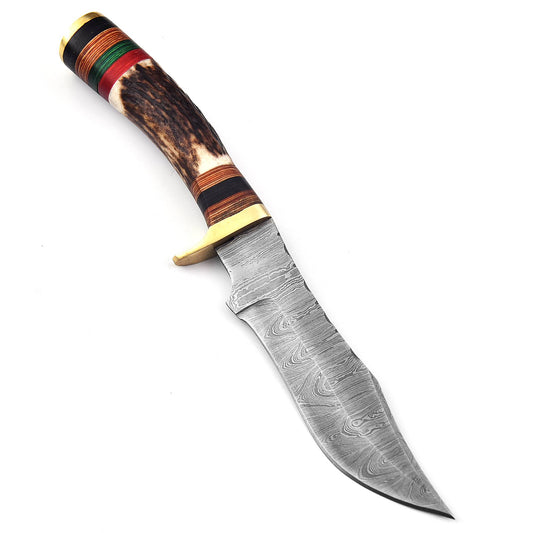 Damascus Steel Bowie Knife – Stag Antler Handle with Brass Guard & Leather Sheath